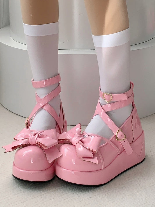 Deep Pink Sweet Lolita Platform Shoes - Top Bow, Crisscross Straps & Decorative Heart Closure