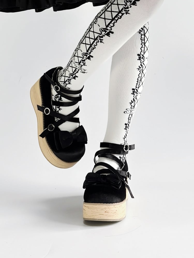 Bow Embellishments & Crisscross Design Velvet Black Platform Shoes in Sweet Lolita