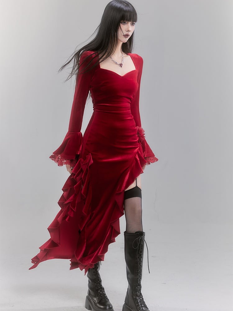 Red Velvet Lace Bell Sleeves Asymmetrical Ruffle Hem Dress