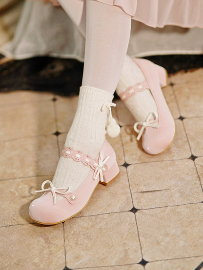 Pink Beaded Decorated Knotted Bow at Top Round Toe Lolita Shoes
