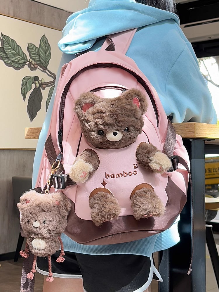 Pink Plush Backpack With A Detachable Brown Bear Doll