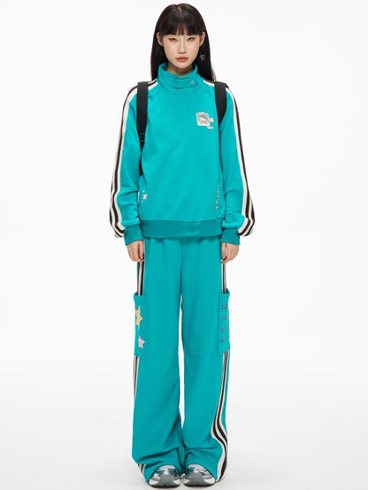 Blue High Neck Sporty Sweatshirt with Side Stripes