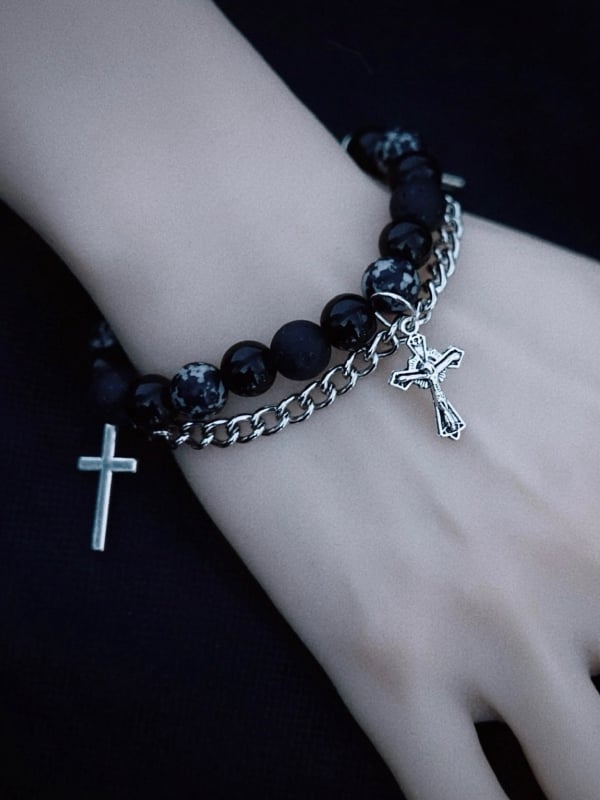 Handmade Cross Charm Gothic Black Beaded Bracelet with Chains