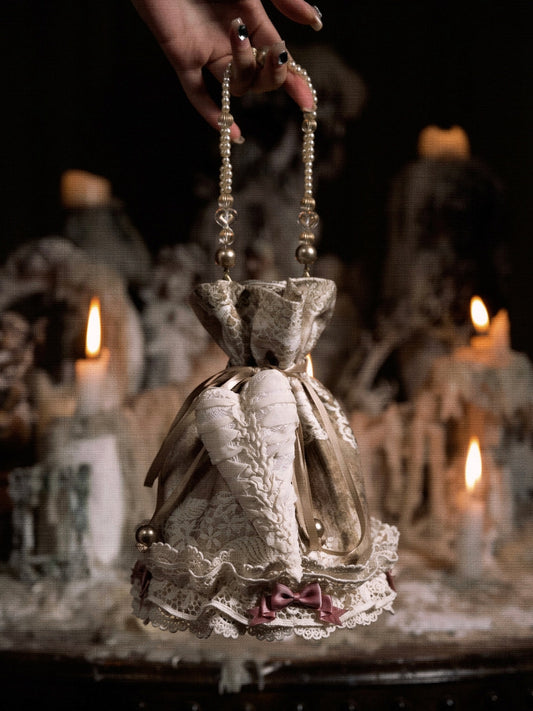 Lace and Bow Accents Vintage Drawstring Top Hand Bag with Heart Pin