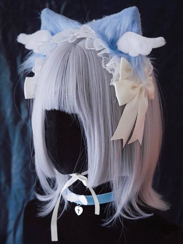 Handmade Wings Blue and White Bowknots Kitty Ears Hairband