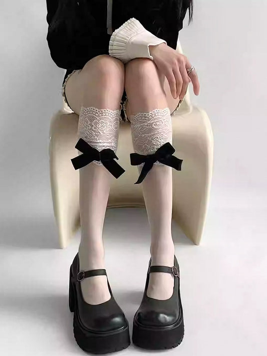 Black/White/Gray Bowknot Details Lace Trim Under-knee Stockings