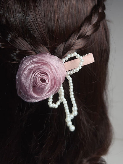 Black/Pink/Purple Beaded Bowknot Decorated Rosette Design Hairclip