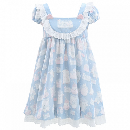 Blue Square Neck Puff Sleeve Adorable Lamb Print Sweet Lolita Dress