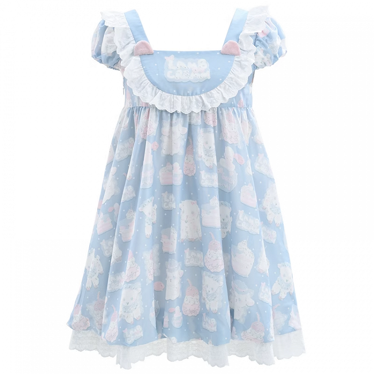 Blue Square Neck Puff Sleeve Adorable Lamb Print Sweet Lolita Dress