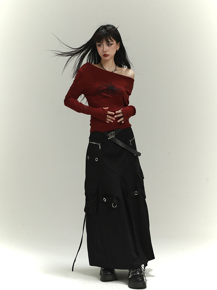 Wine Red Asymmetrical Neckline Spider Print Glamorous Slim-fitting Top