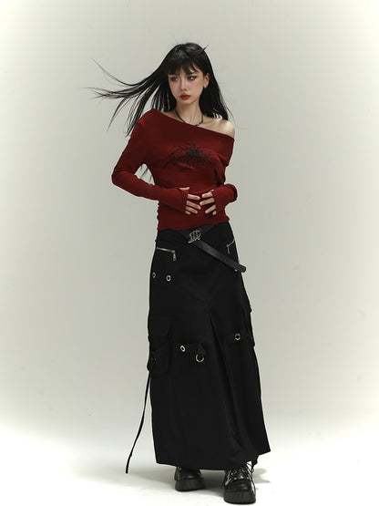 Wine Red Asymmetrical Neckline Spider Print Glamorous Slim-fitting Top