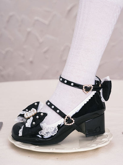Polished Black Detachable Rhinestone And Beaded Decorated Bowknot Lace Trim 4.5CM Block Heels Shoes