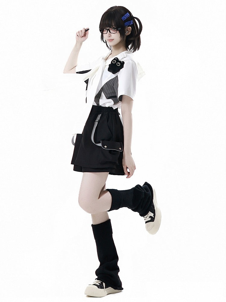 Black Techwear Strap Details Cargo Pockets Skort