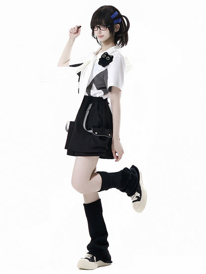 Black Techwear Strap Details Cargo Pockets Skort