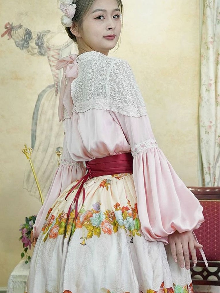 Historical Full Set- Pink Blouse + Wine Red Crystal Tassel Floral Skirt + Red Wide Belt