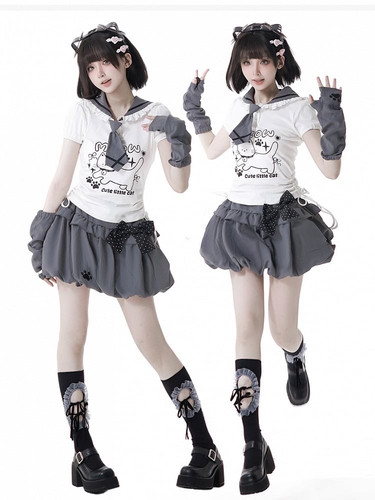 Cat Paw Embroidery Gray Bubble Skirt
