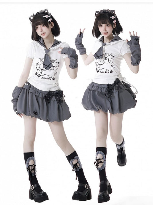 Cat Paw Embroidery Gray Bubble Skirt