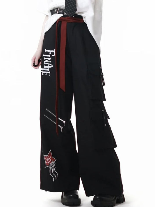 Black Double Zippers Drawstring Cuffs Straight-leg Cargo Pants