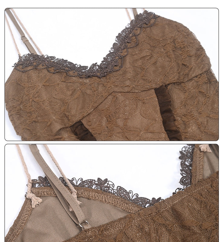 Summer Essential Lace Vintage-Inspired Spaghetti Strap Brown Top for Women