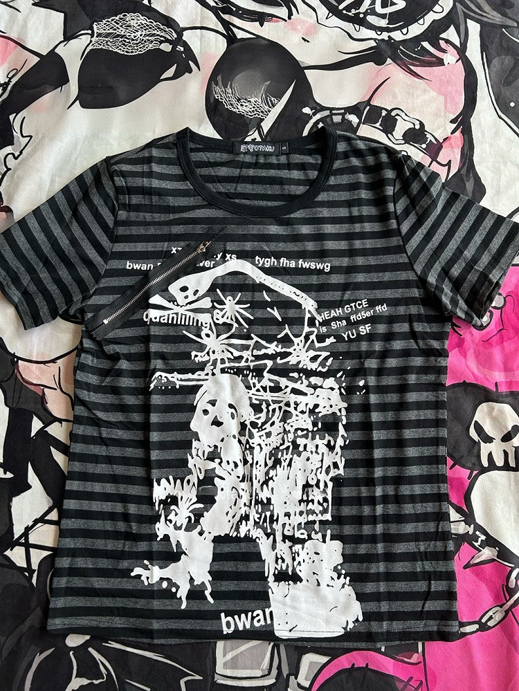 Black & Gray Stripe Pattern Skeleton Print Punk T-shirt