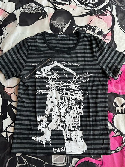 Black & Gray Stripe Pattern Skeleton Print Punk T-shirt