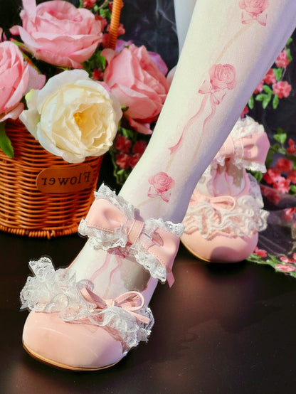 Pink Bowknot Details Lace Trim Round Toe Lolita Shoes