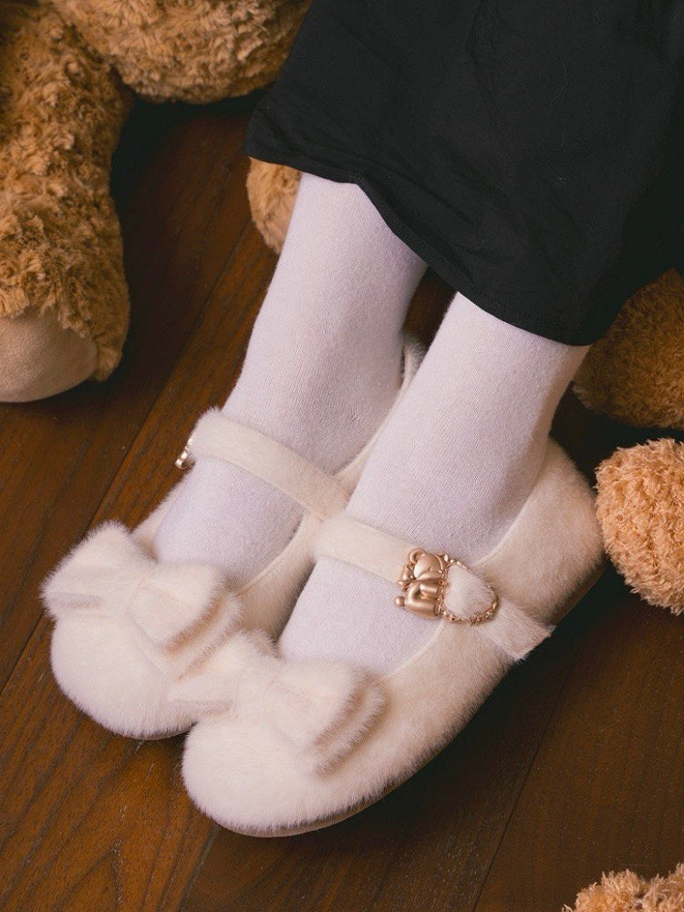 Regular/Thicken Version Off-white Sweet Lolita Plush Flats - Front Bow with Hugging Bear Heart Buckles