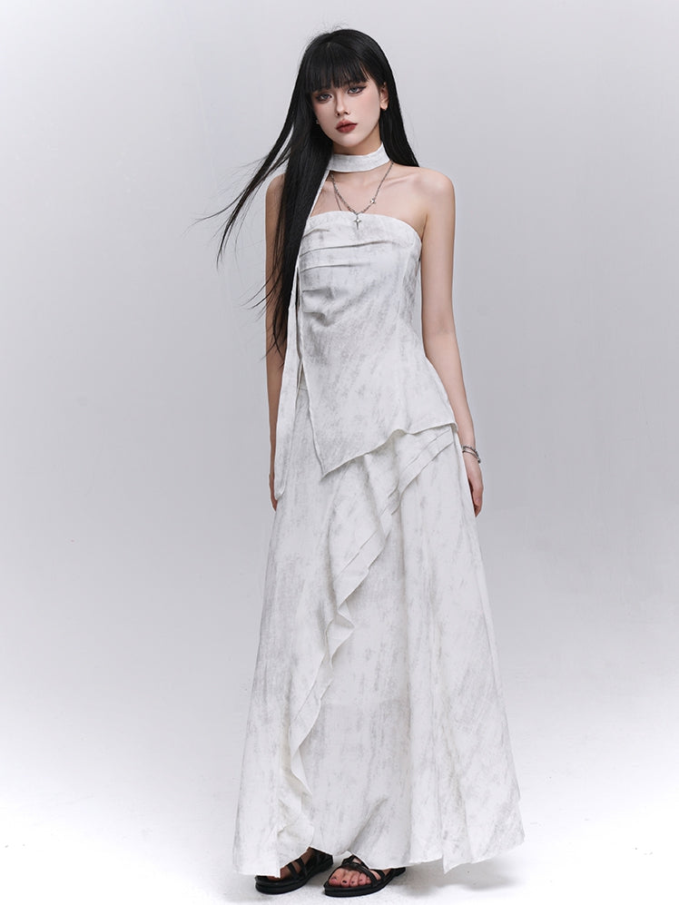Off-white Side Slit Strapless Top with Scarf / Elastic Waist Cascading Ruffle Trim Skirt
