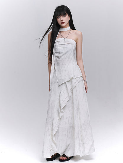 Off-white Side Slit Strapless Top with Scarf / Elastic Waist Cascading Ruffle Trim Skirt
