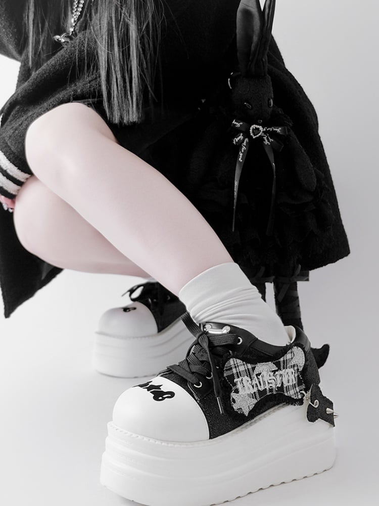Black Punk Bone Applique Silver-tone Studs Platform Shoes