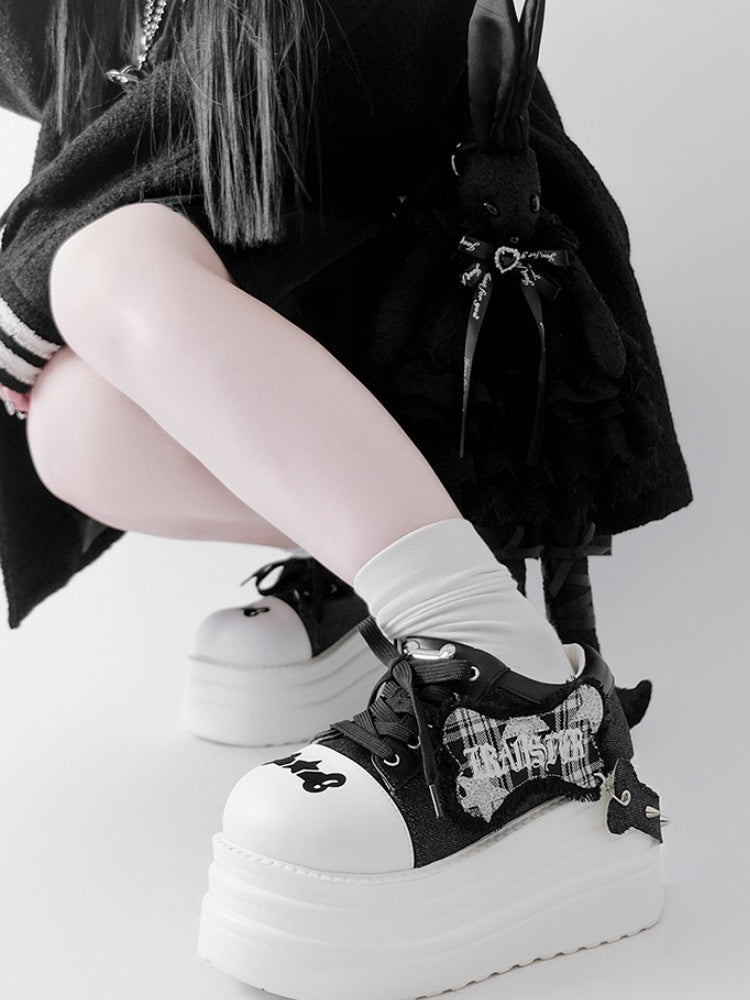 Black Punk Bone Applique Silver-tone Studs Platform Shoes