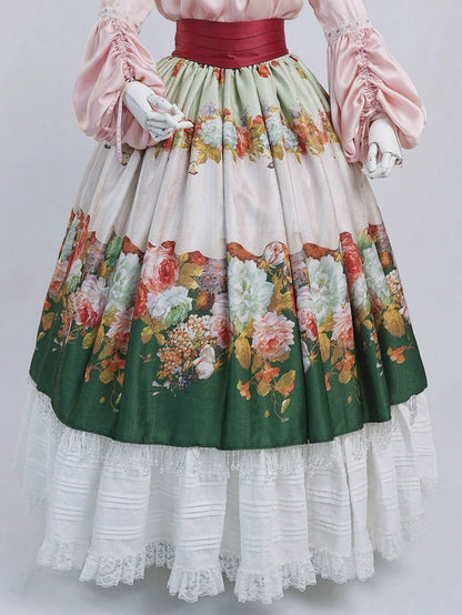 Historical Full Set- Pink Poet Blouse + Green Crystal Tassel Floral Skirt + Red Wide Belt