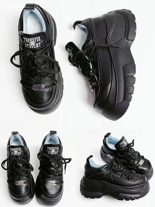 PU Mattend Black Jirai Kei Platform Sneakers with Lace-Up Design