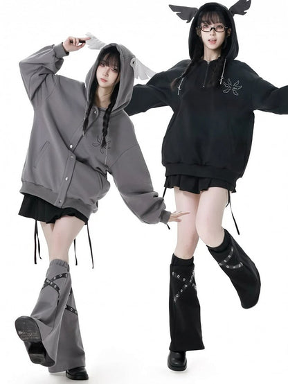 Black/Gray Criss-Cross PU Straps Leg Warmers