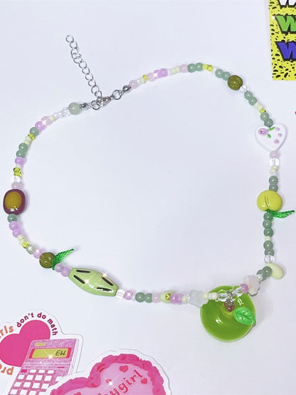 Green Apple Y2K Pendant Beaded Necklace