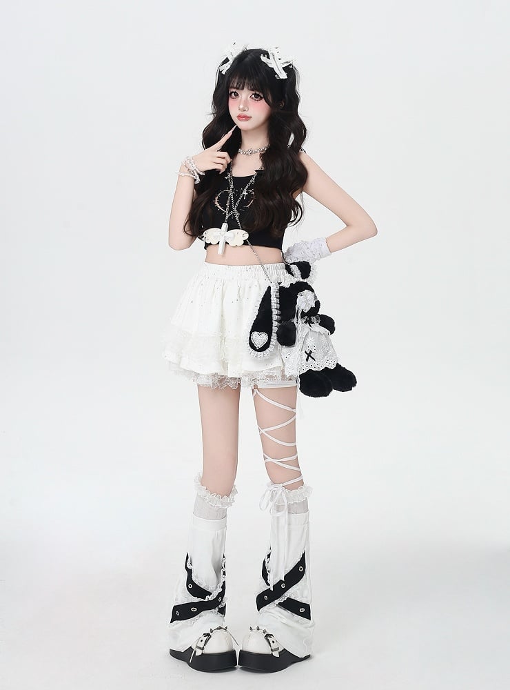 White Elastic Waist Lace Trim Balletcore Tiered Skirt