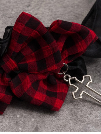 Black Ruffle Trim With Double Bowknots Cross Charm Design KC