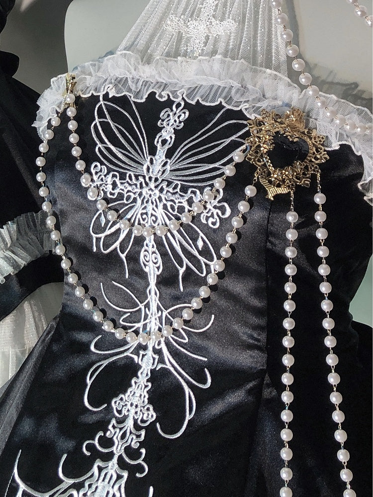 Black / Red / White Heart Brooch with Bead Chains