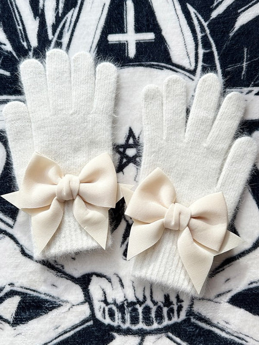 White Gothic Bowknot Cutout Details at Finger Pads Gloves