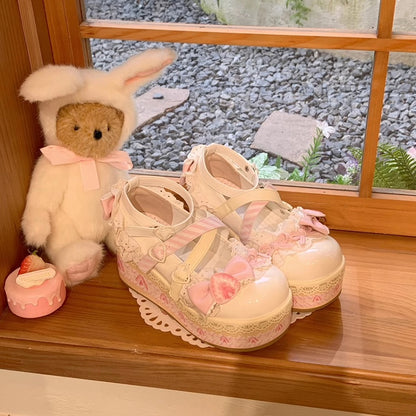 Clearance-Size 36 White Chocolate Strawberry Cake Sweet Lolita Platforms Mary Jane Shoes