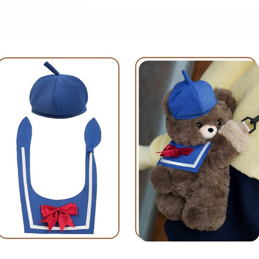 Brown Bear Plush Backpack/Crossbody Bag + Blue Hat + Bowknot Decorated Sailor Collar Middle/Large Size