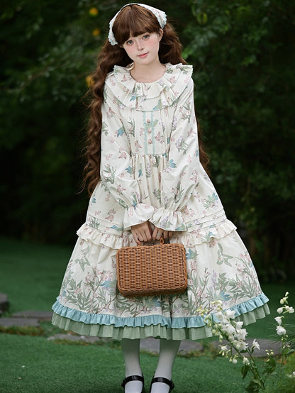 Natural Kei Floral and Bird Print Lolita Long Sleeves Dress with Waist Belt