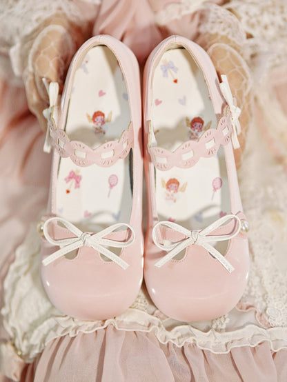 Pink Beaded Decorated Knotted Bow at Top Round Toe Lolita Shoes