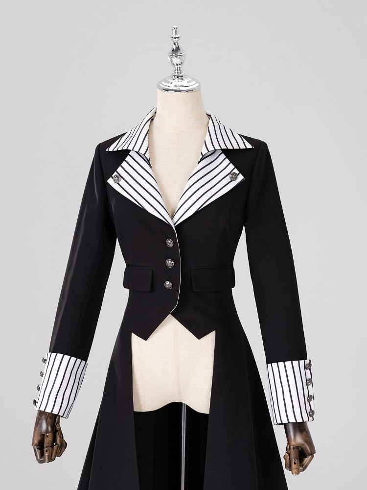 Ouji Fashion Clown Vibes White Striped Lapel Collar Black Tailcoat Halloween Outfit