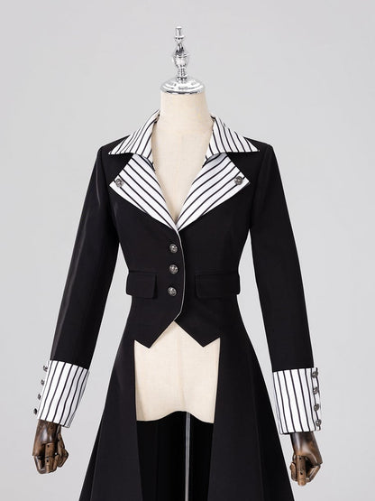 Ouji Fashion Clown Vibes White Striped Lapel Collar Black Tailcoat Halloween Outfit