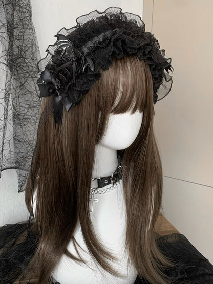Black/White Wing Decorated Bowknot Details Ruffled Hairband