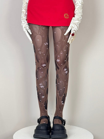 White/Beige/Black/Brown Y2K Asymmetrical Design Cut-out Details Tights