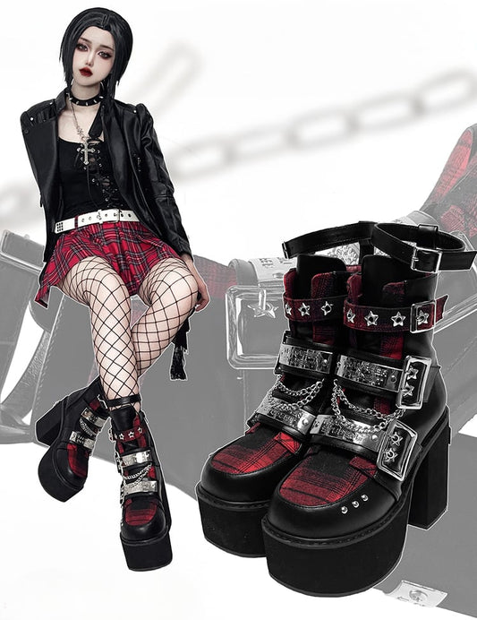 Black & Red Punk Rectangle Metal Plates Buckle Straps Platform High Block Heels with Studs and Chain