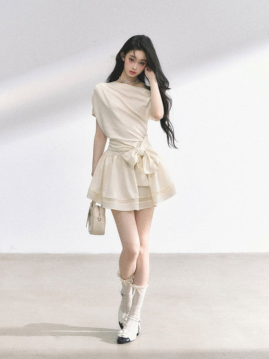 Apricot Asymmetrical Neckline Dress Self-tie Big Bow at Waist