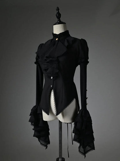 Black Jabot Ruffled High Neck High-low Hem Long Sleeves Shirt